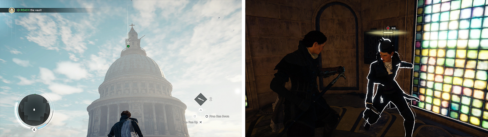 Climb to the top of the cathedral and enter the small room (left). Whilst fighting the Templar, ensure that you counter all of her attacks (right) for the optional objective.