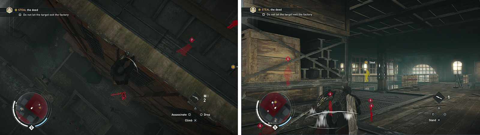 Find the Sniper on the south side of the factory (left) and use the entrance behind her. Sneak through the guards here to find the target in an office (right).