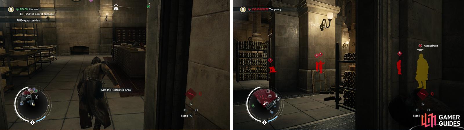 Continue through the secret passage until you reach the vault (left). Whistle the target over when he gets in range for a corner assassination (right).