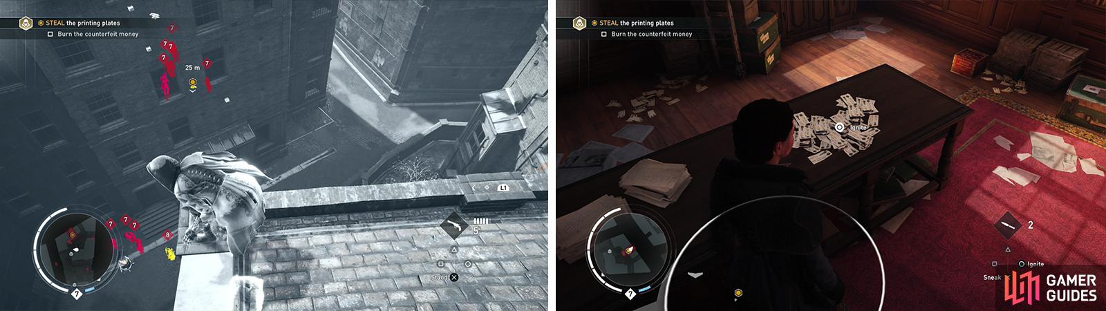There are plenty of enemies guarding the plates (left) so its easier to enter via the window. Once inside, be sure to burn the fake money (right) before leaving.