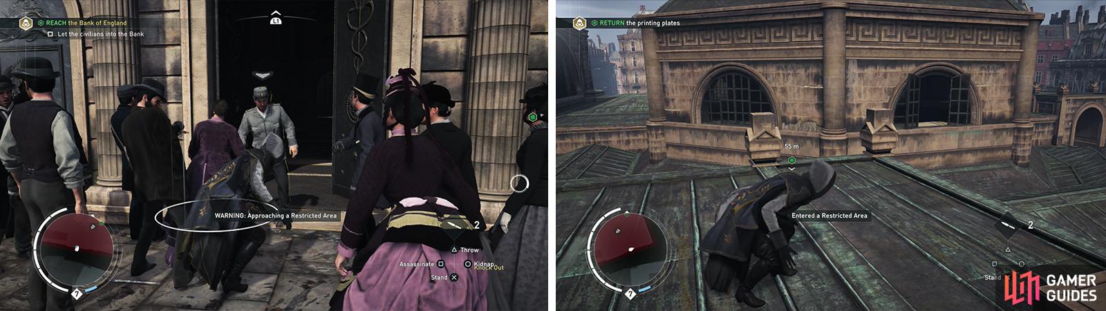 Knock out the policeman at the door (left) for the optional objective. The southern rooftop entrance (right) is the easiest way into the target area.