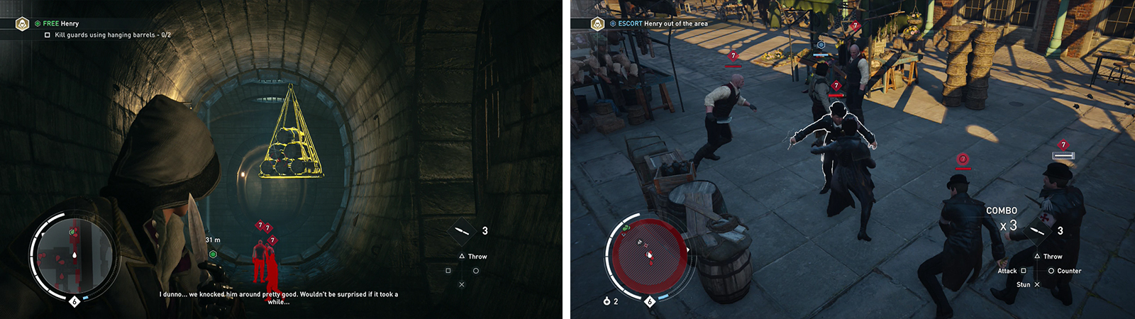Use the hanging barrels to kill enemies for the optional objective (left). Escort the prisoner through the marketplace (right).