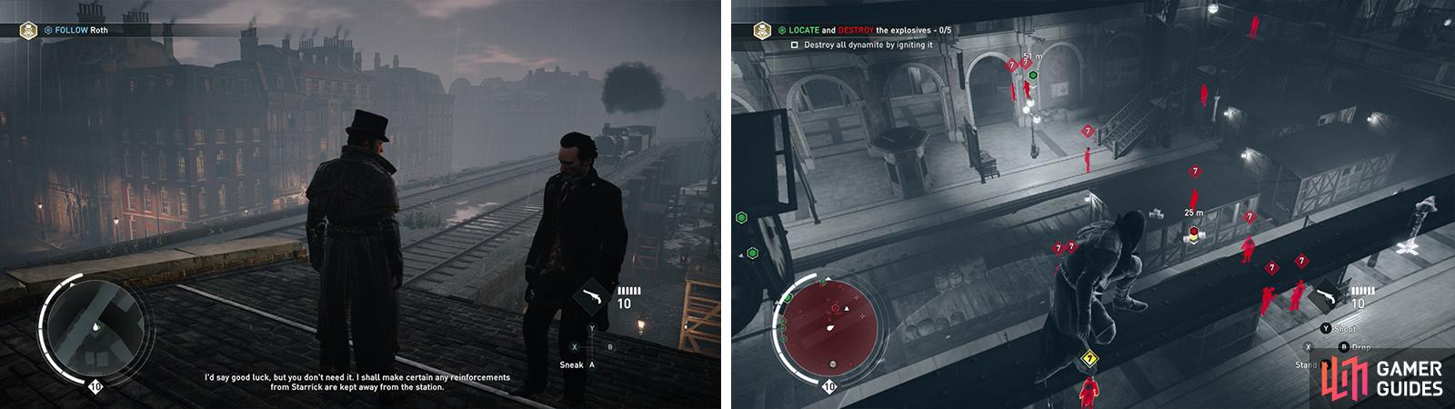 Hop onto the train as it goes past (left) to enter the station. Use Eagle Vision to tag the enemies in the station (right).