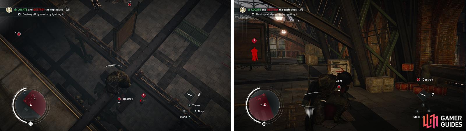 Air assassinate the guard by the third crate (left) before destroying it. Wait for the Sniper to investigate the explosion before approaching the fourth crate (right).