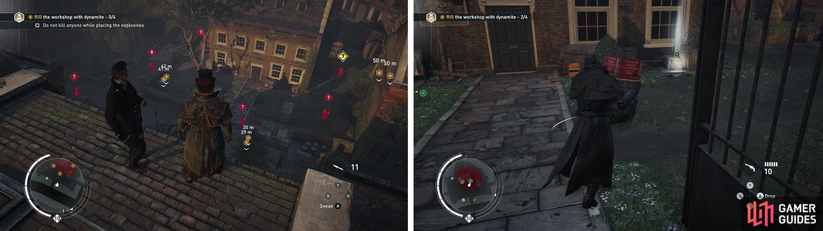 Use Eagle Vision to tag the enemies guarding the building (left). Place the crates on the objective markers provided (right).