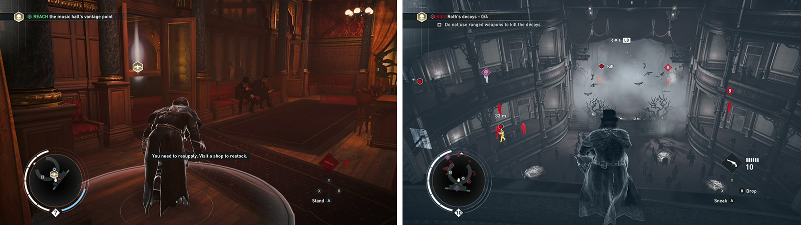 Sneak to the top floor to reach the vantage point (left). Here you can investigate the remaning opportunities (right).