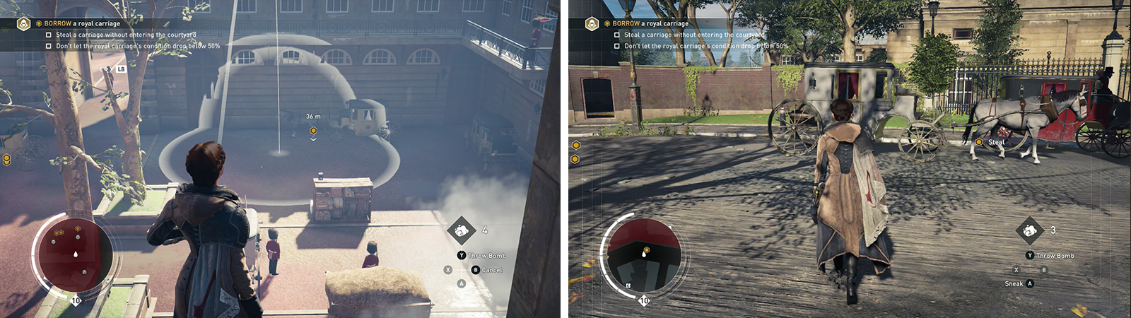 Use a smoke bomb to spook the horses (left) and hijack one of the carriages when it reaches the road (right).