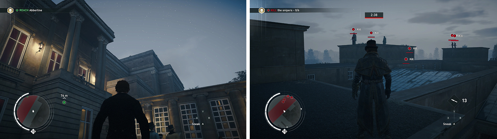 As Jacob climb to the roof (left) to retrieve your gear. Take out the Snipers that appear in less than 3 minutes (right).
