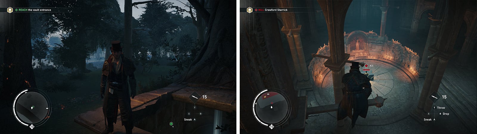 Cross the water to find a tunnel leading ot the vault (left). Inside sneak up to assassinate the target (right).