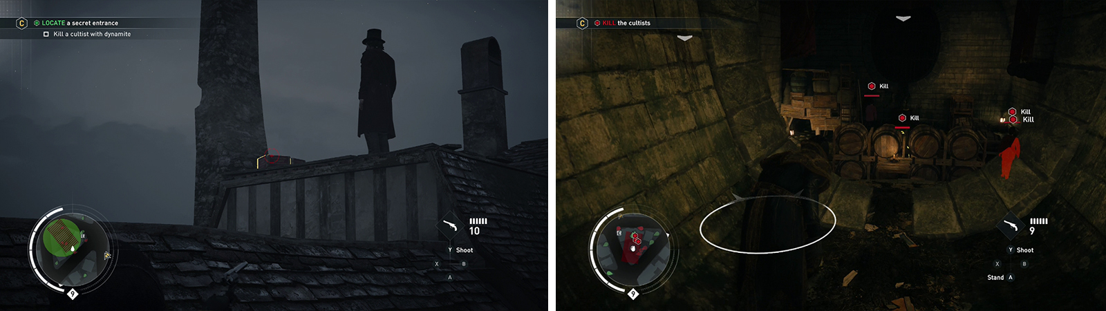 Shoot the dynamite by the Snipers on the roof (left). Clear the secret passage of enemies (right).