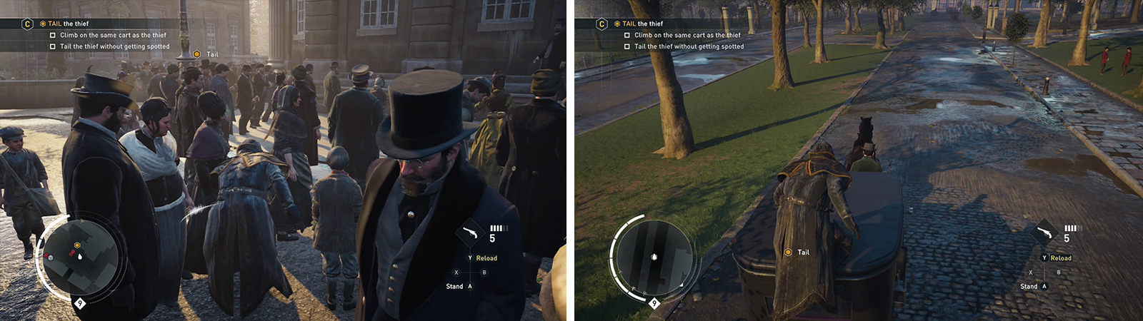 Tail the target through the crowd (left). Hop onto the carriage that he gets into (right) for the optional objective.