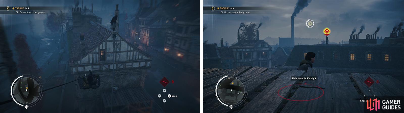 Use the Rope Launcher to stay off the ground (left). When you see the button prompt appear, dodge the incoming fire (right).