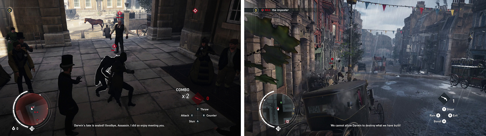 As soon as you exit the station you'll be attacked (left). Grab a carriage and chase down and kill the target (right).