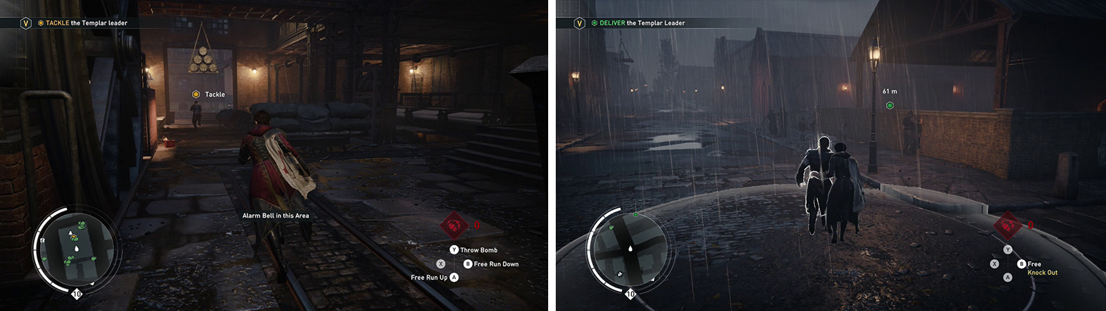 Chase down the target and avoid the explosives (left). Once you have captured him, escort him back to the dock (right).