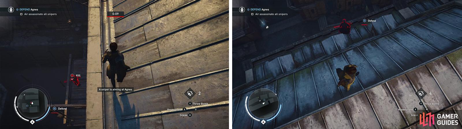 You'll need to climb up and air assassinate each of the Snipers for the optional objective. Sniper 1 (left) and Sniper 4 (right) pictured.
