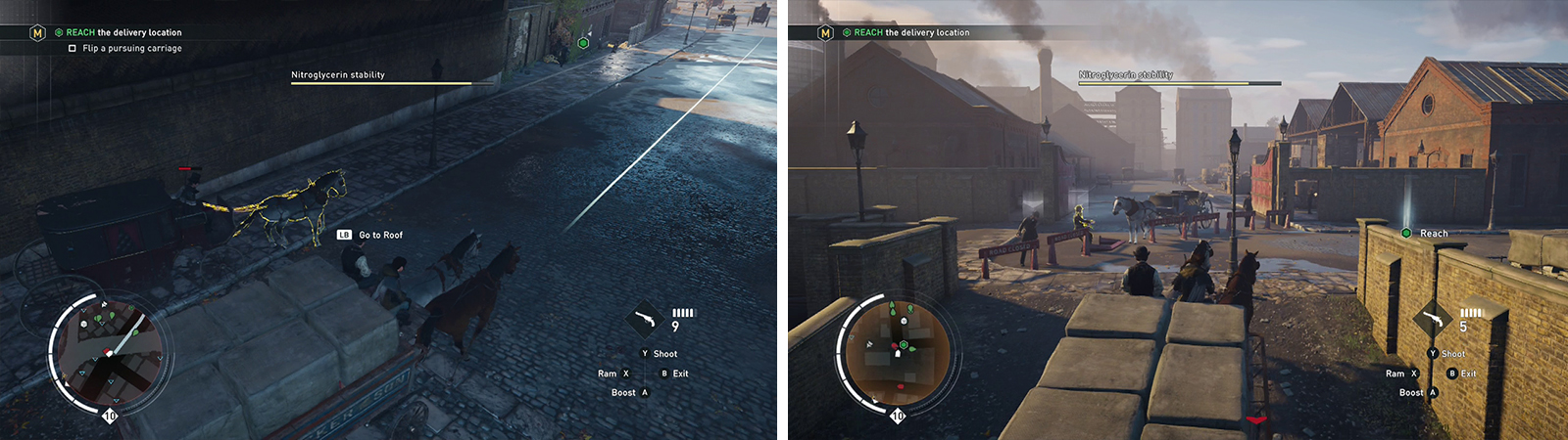 Shoot a horse to flip a carriage (left) for the optional objective. Manouver the cart through the obstacle course (right).