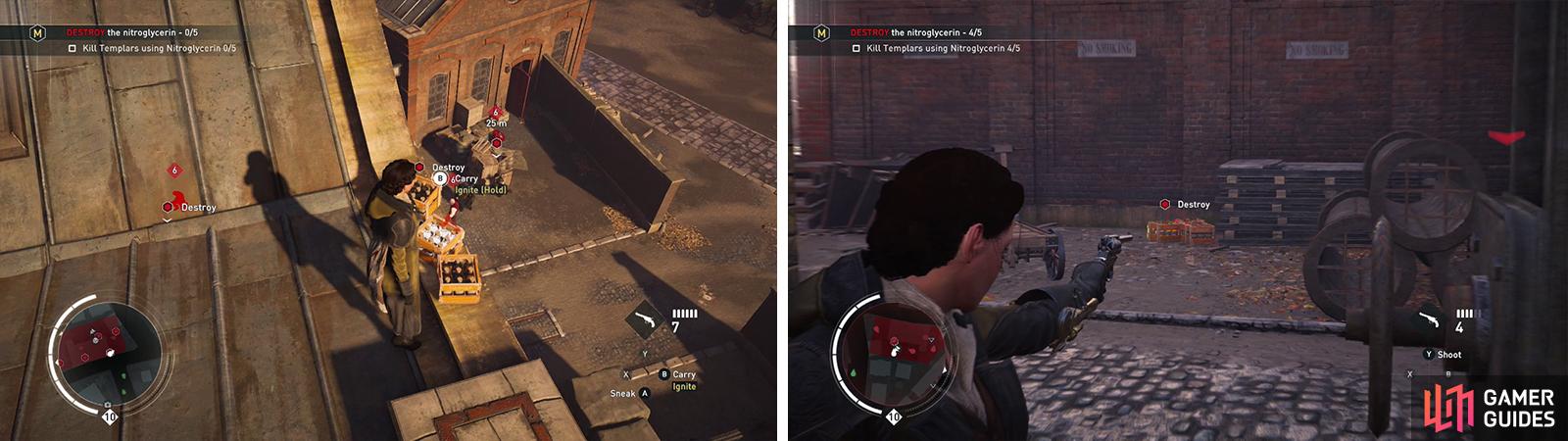 Use the dynamite on the rooftop to kill enemies in the courtyard below (left). You can also shoot the dynamite crates to blow them up (right).