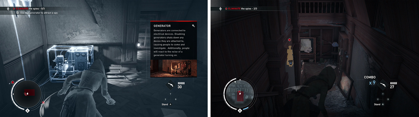 Use the generator to lure enemies into assassinations (left) before moving down to finish off the remaining enemies (right).