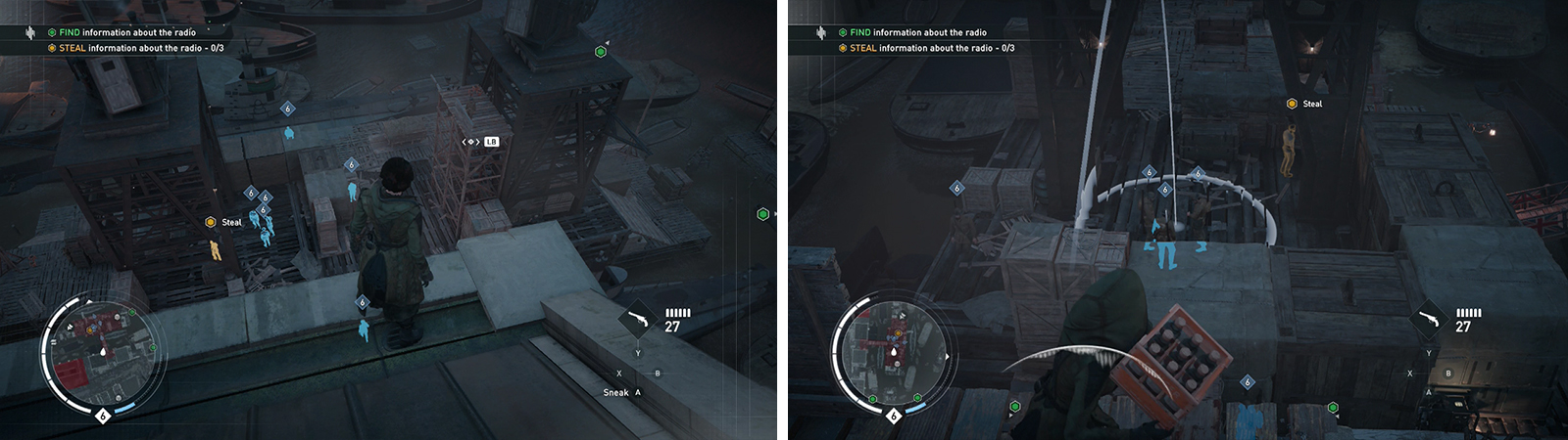 The first radio can be found by the docks (left). The nearby dynamite is a good way to thin out enemy numbers (right).