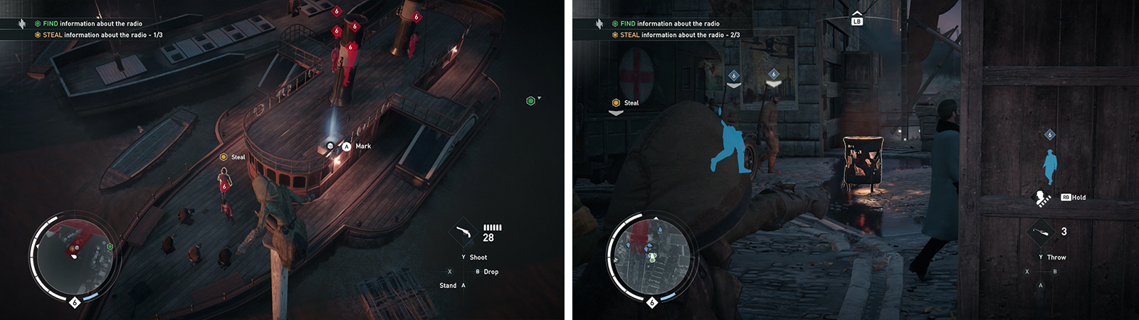 The second radio is on the deck of a ship near the bridge (left). The third is beneath the bridge and can be made easier using the darts (right).