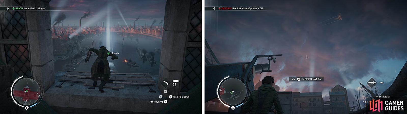 Exit the tower and dive down to the ships below (left). Hop on one of the guns and shoot down the planes as they fly overhead (right).