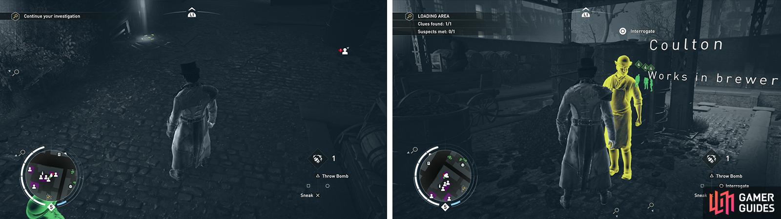 Investigate the clues by the loading area (left) and speak with the suspect (right).