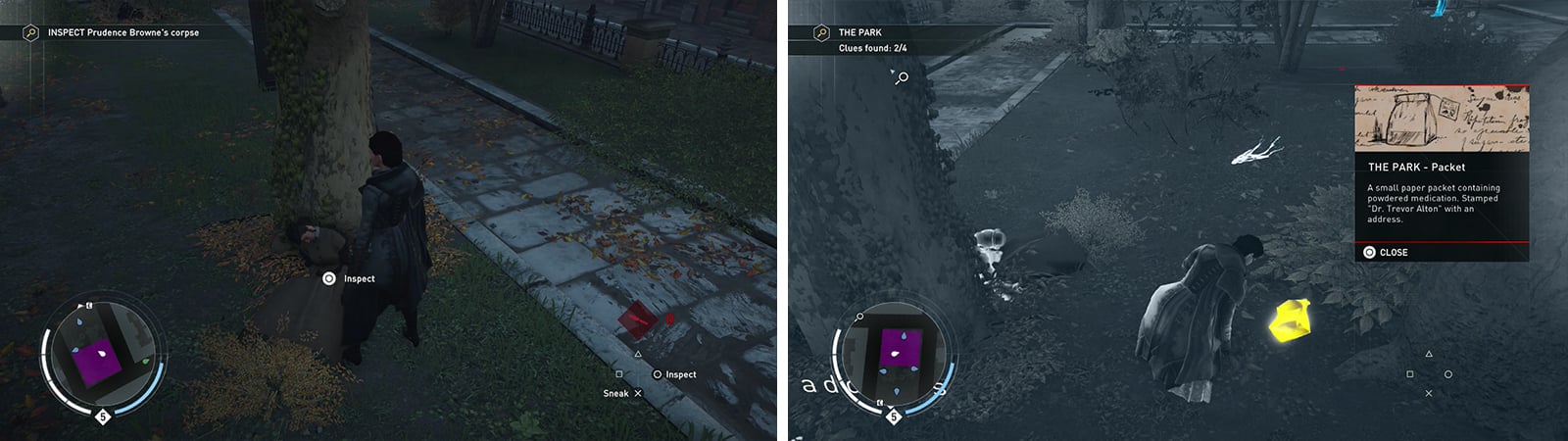 Investigate the body (left) before looting the nearby clues (right).
