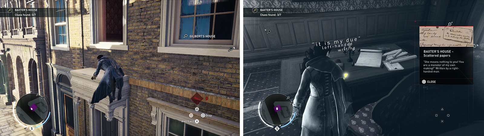 Enter Baxter's house via the window (left). Loot the clues within (right).