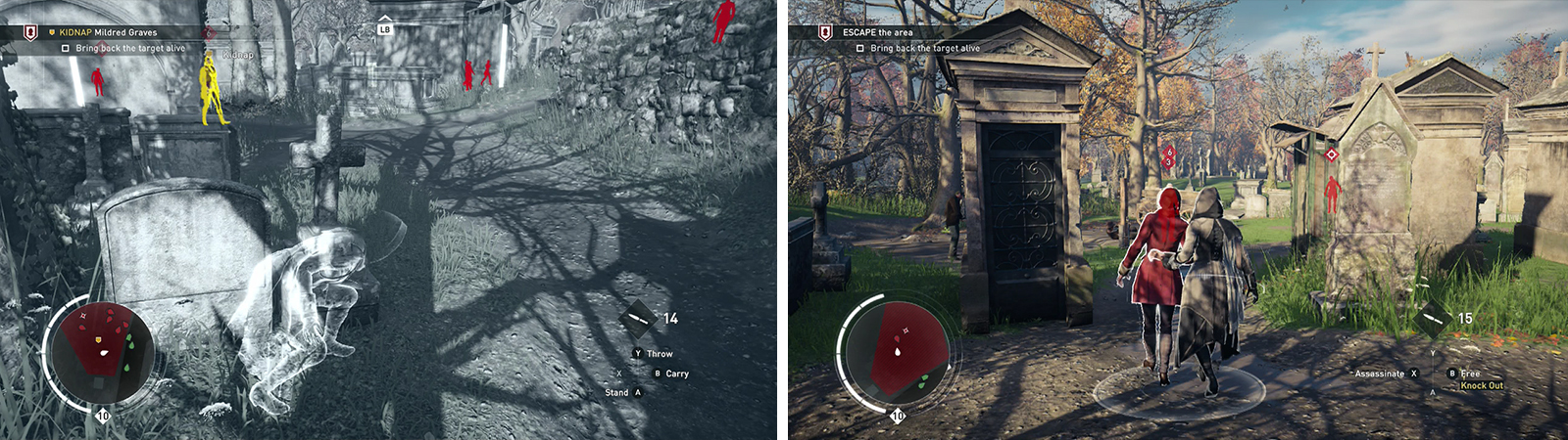 Enter the graveyard from the southeast for quick access tot he target (left). Once you have her, escort her from the area (right).