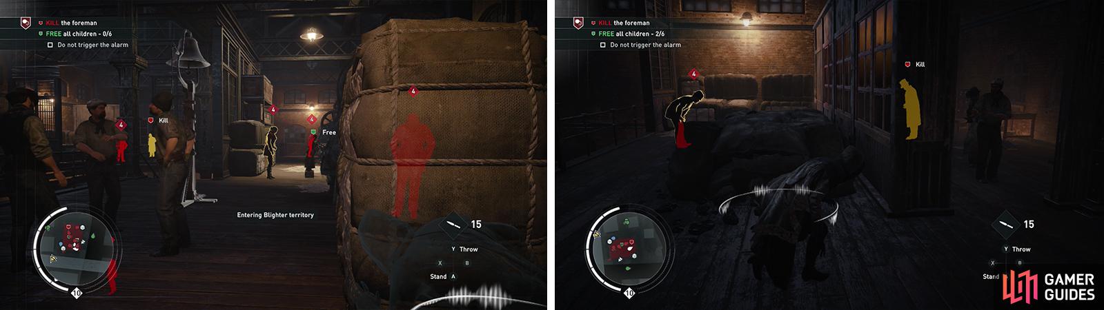 Disabling the alarm bell will make things easier (left). Afterwards kill the foreman (right).