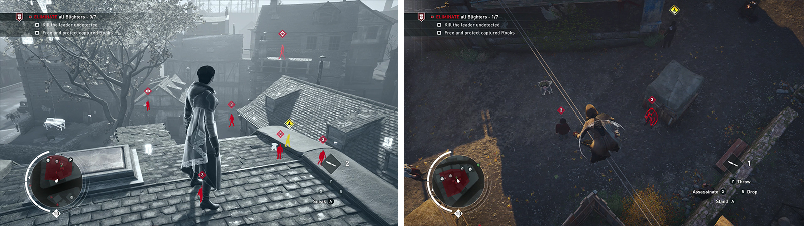 Use Eagle Vision to mark the enemies (left). The leader can be found by the captured Rook (right).