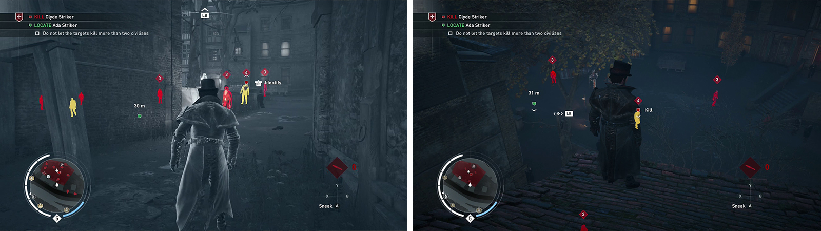 There are a pair of targets in this area (left). It's best to approach the situation via the rooftops (right).