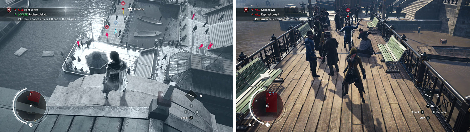 Use Eagle Vision to tag enemies/targets (left). Allow one of the targets to attack you and the police will attack them (right).