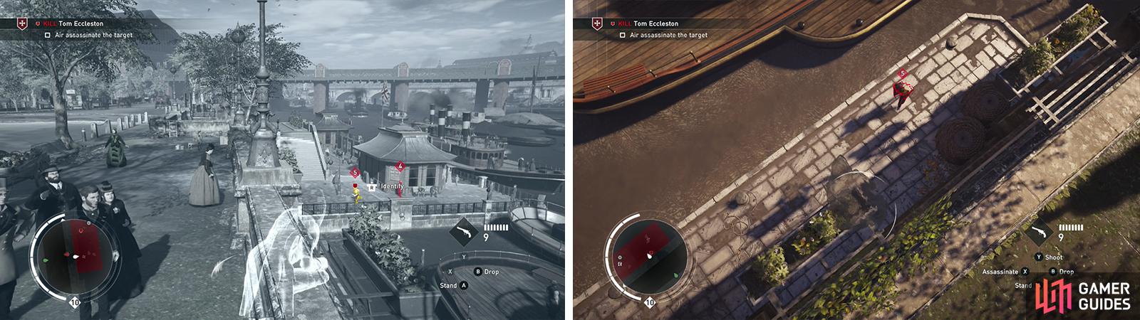 The target can be assassinated from the wall above (left). Wait for him to run below (right).