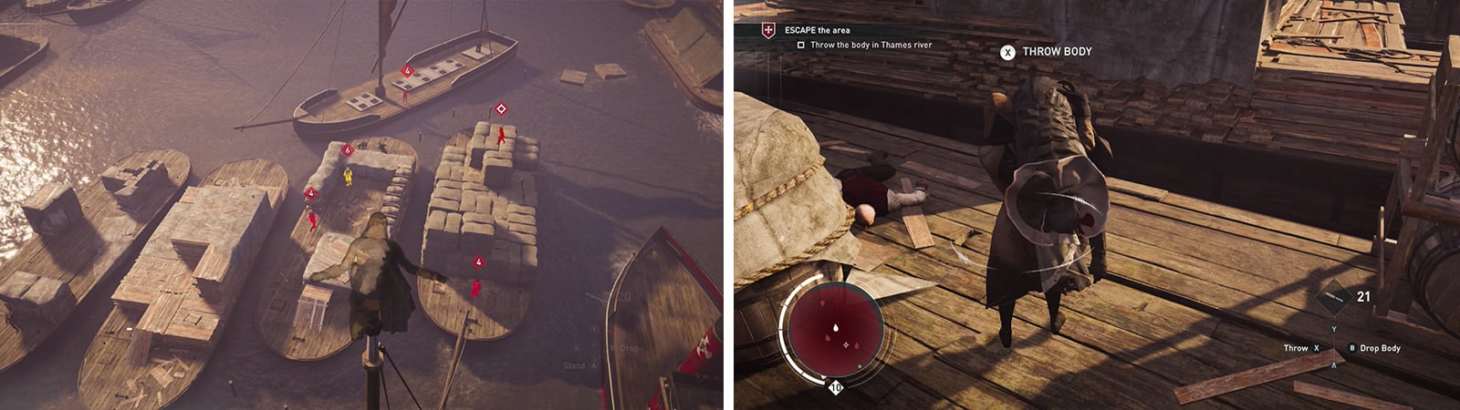 The target can be found on a barge (left). Once you have killed him throw his body in the river for the optional objective (right).