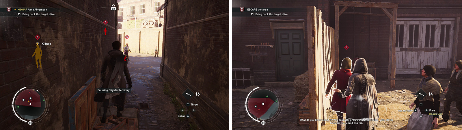Hop over the wooden fence (left) and grab the target just to the left. Escort her from the area (right).