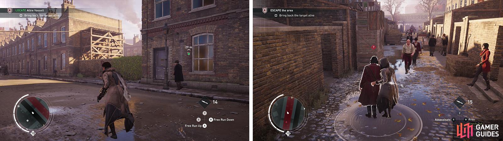 Locate the short wall along the street (left) the target is just beyond. Escort him to the end of the alley (right).