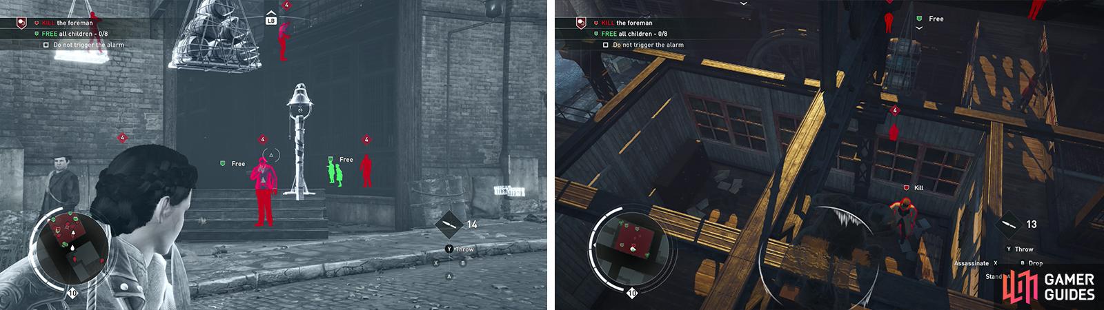 Disabling the alarm bell will make things easier (left). Afterwards climb to the rooftop and kill the foreman (right).