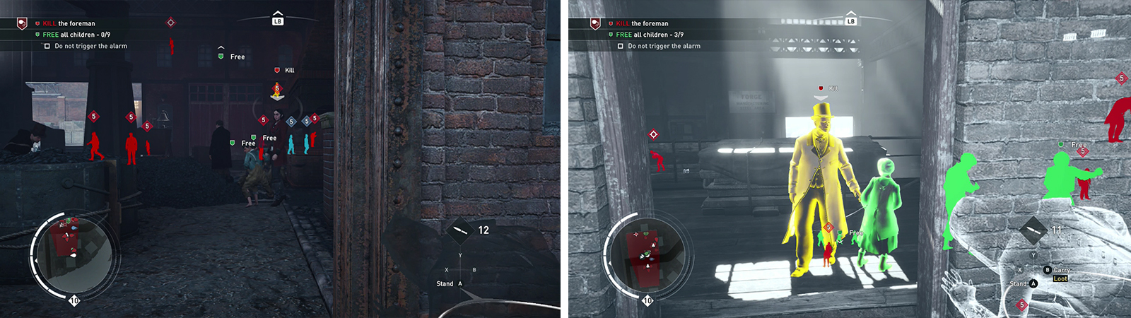 The first group of children is in the western building (left). The foreman can be assassinated from one of the sniper platforms on the main building (right).