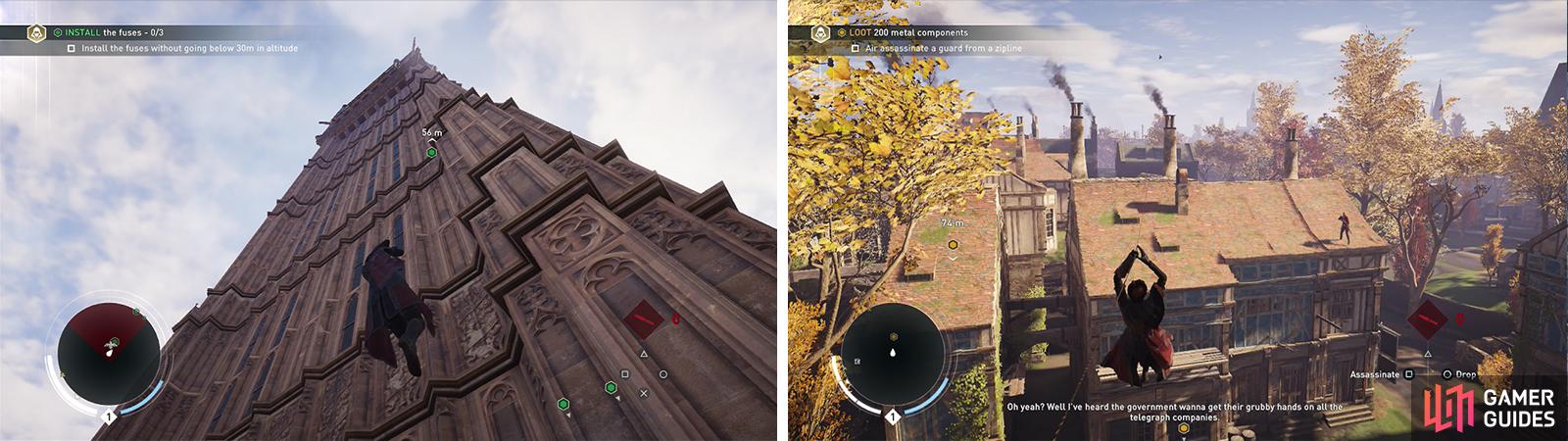 The Rope Launcher can be used to scale buildings (left) or to create ziplines (right).