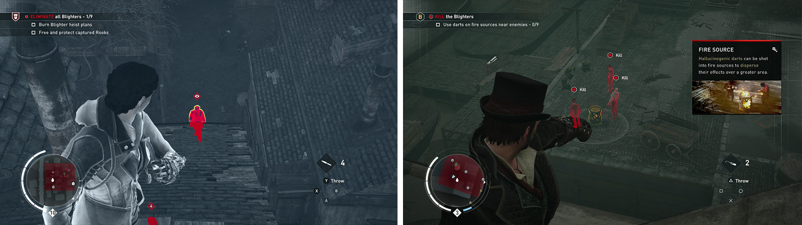 Throwing knives are effective at picking off enemies stealthily (left). The darts can be shot into fire barrels to effect enemies within range (right).