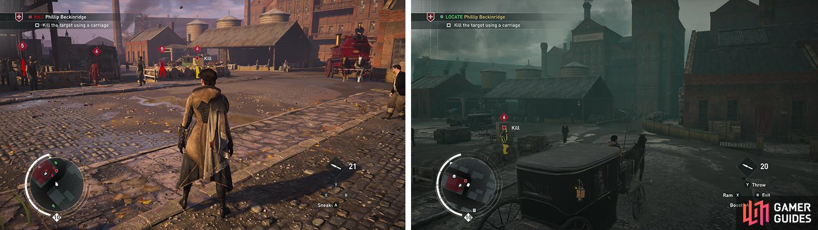The target can be found in a small outdoor storage area (left). Grab a carriage and run him down (right).