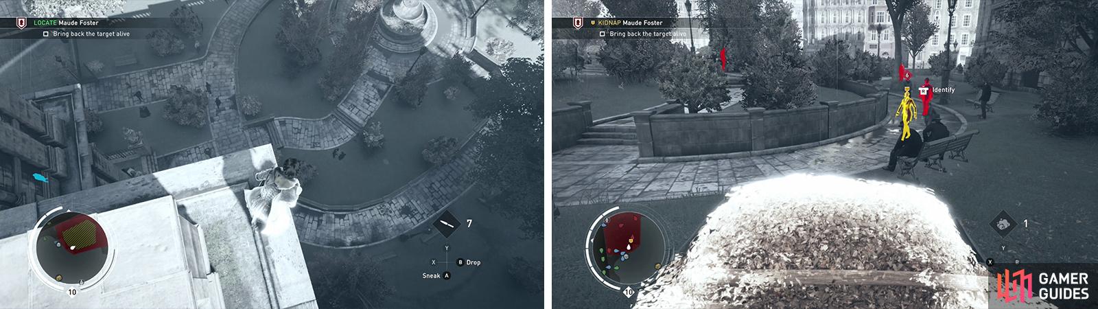 Dive into the haystack from the rooftop (left). Hop out when the target passes by to grab her quietly (right).