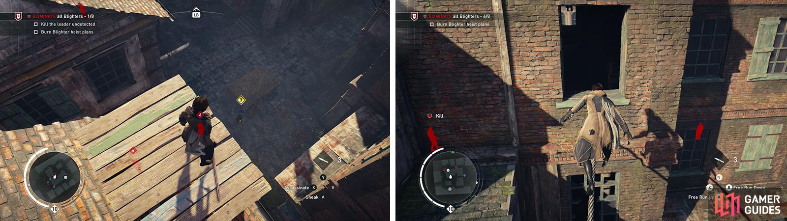 After assassinating the Leader undetected (left). Enter the building on the southwest side of the area for the heist plans (right).