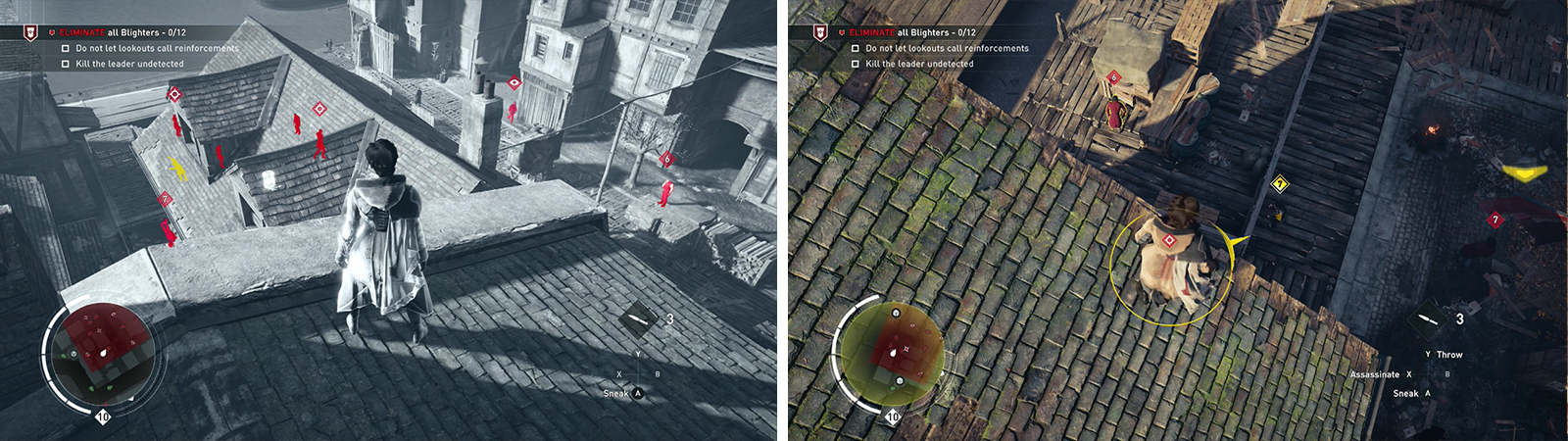 Tag the enemies using Eagle Vision from the rooftops (left). The Leader can be found in a loading area by the waterfront (right).
