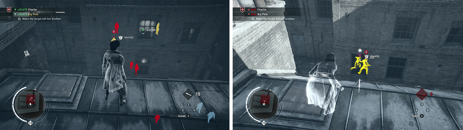 Kill the enemy in the window to draw the targets (left). Use the hallucinogenic darts to have them kill each other (right).