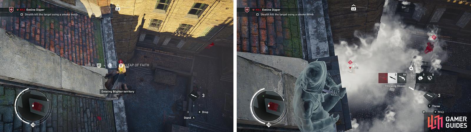 The target is patrolling the courtyard (left). Drop a smoke bomb on her (right) and then use throwing knives or an air assassination for the optional objective.