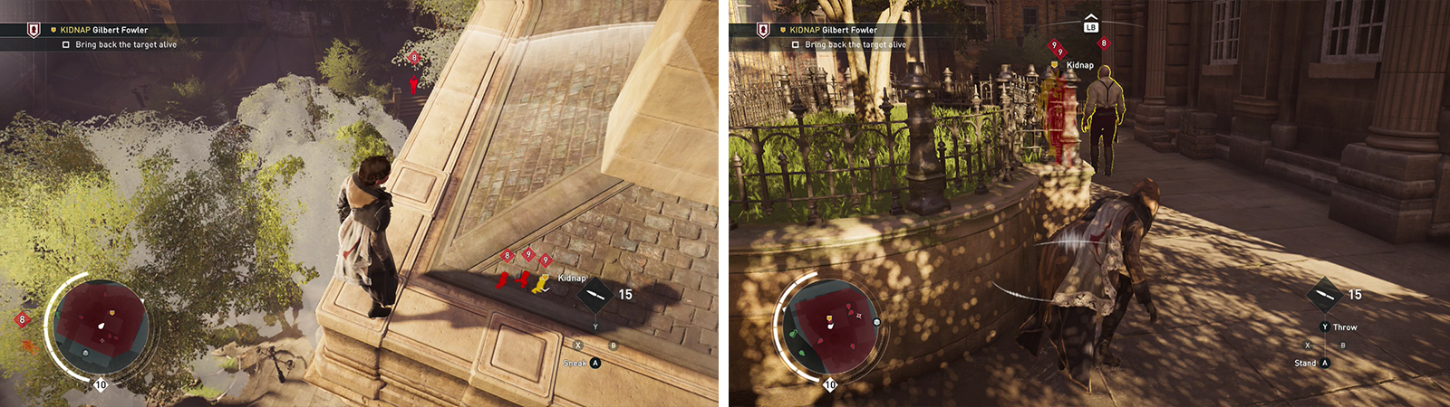 The target can be found at the base of the building(left). Sneak up behind and eliminate his bodyguards before grabbing the target (right).