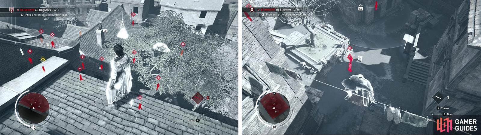 Tag the enemies using Eagle Vision from the rooftops (left). The first Rook is located in the courtyard (right).