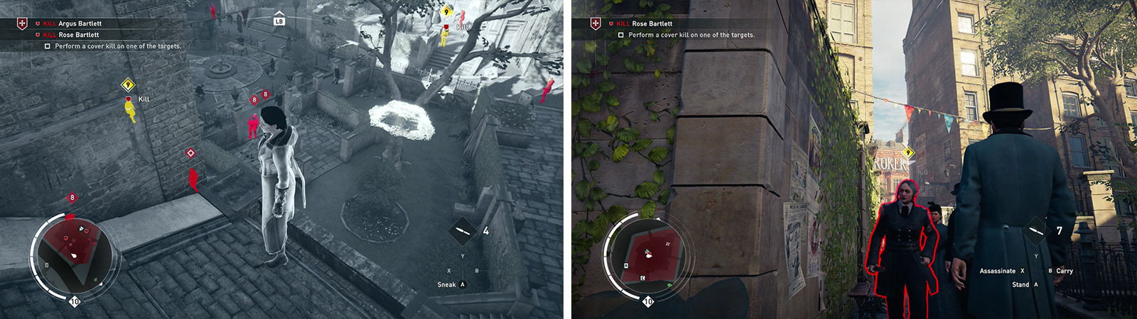 There are two targets in the memory area (left). Kill one using a corner takedown for the optional objective (right).